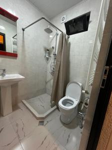 a bathroom with a toilet and a shower and a sink at Private apartment in Tbilisi City