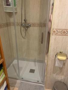 y baño con ducha y puerta de cristal. en Harmony room málaga, en Málaga
