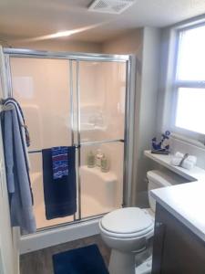 une salle de bain avec une douche avec des toilettes et un lavabo dans l'établissement Dock Holiday! Waterfront cottage with boat ramp!, à Cross Roads