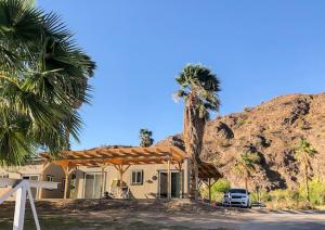 une maison avec un palmier devant dans l'établissement Dock Holiday! Waterfront cottage with boat ramp!, à Cross Roads