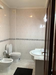 La salle de bains blanche est pourvue de toilettes et d'un lavabo. dans l'établissement Casa das Camélias, à Gouveia