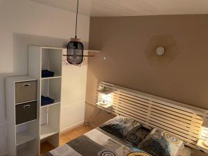 1 dormitorio con cama y estante en Residence Les Palmiers, en La Trinité