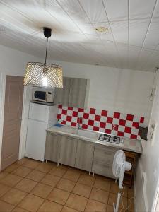 a kitchen with red and white checkered wall at Residence Les Palmiers in La Trinité