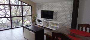 a living room with a flat screen tv and a table at Departamento Lemos 678 in Mendoza