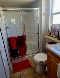 een badkamer met een douche en een toilet met rode handdoeken bij Rockin-River House, waterfront! 