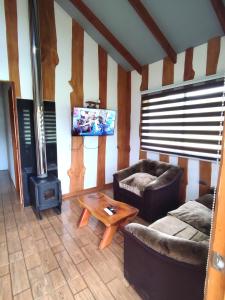 a living room with a couch and a stove at Refugio Wanglen Cabañas y Tinajas hidromasaje in Lago Ranco