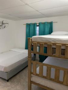 two bunk beds in a room with green curtains at Aurelia Compartida Hospedaje 2025 in Santa Marta