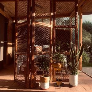 a screened in porch with potted plants on a patio at Cozy and isolated with hot springs in Quito