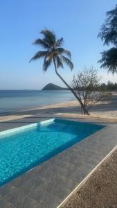 a swimming pool next to a beach with a palm tree at MD Pool Villa Chumphon in Ban Tha Samet (1)