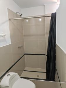 a bathroom with a shower with a toilet at Casa Alojamiento Virreynal in San Ramón
