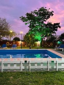 a swimming pool in a yard with a tree at Cabañas Mirador del Dique in Termas de Río Hondo