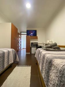 a room with two beds and a tv on the wall at Hospedaje Regina in Santiago