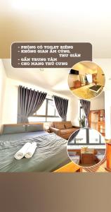 a poster of a bedroom with a bed and a living room at Khoảng Lặng ATP in Da Lat