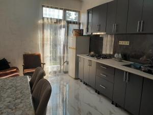 a kitchen with a refrigerator and a table with chairs at vila chakvi in Chakvi