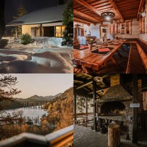 a collage of photos of a house with a fireplace at Casa Boho in Fužine