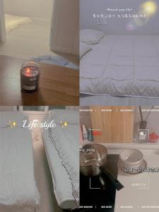 dos fotos de una cama y una habitación con cama en A-one en Seúl