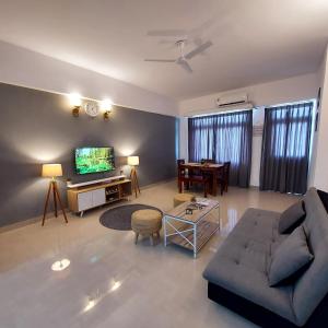 ラクナウにあるThe skyline suite.のソファとテレビのあるリビングルーム