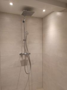 La salle de bains est pourvue d'une douche avec un pommeau de douche. dans l'établissement Au Verger des Louves, 