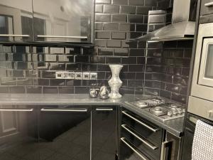 cocina con encimera, fogones y jarrón en Apartment & Rooms in London, en Croydon