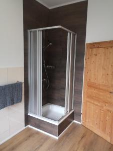 a shower with a glass door in a bathroom at Alte Schule Waddens in Butjadingen