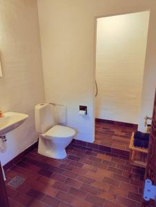 uma casa de banho com um WC e um lavatório em Comfortable 3- bedroom villa with free parking em Roslev