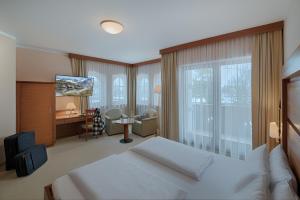 a bedroom with a bed and a desk and a television at Naturhotel MOLIN in San Giovanni in Val Aurina