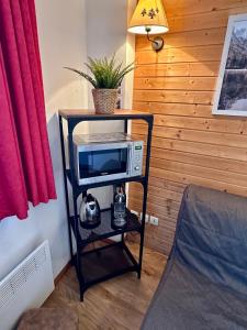 a microwave on a stand in a room at Charmant appartement confortable pour 6 personnes de 40m2 au pied, wifi, parking in Chamrousse