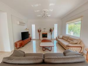 Una sala de estar con un sofá y un televisor. en Villa LadyWell, en Fethiye