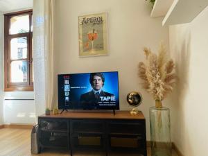 y TV de pantalla plana en una sala de estar. en Maison Gabriel - Logement charmant au cœur de la Cité Médiévale - T3 75m2, en Albertville