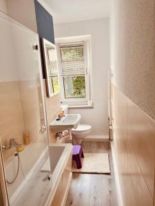 łazienka z umywalką, toaletą i oknem w obiekcie Fewo Bergblick w mieście Kurort Oberwiesenthal