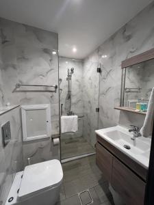 La salle de bains est pourvue d'une douche, de toilettes et d'un lavabo. dans l'établissement Red Carpet Suites, à Amman