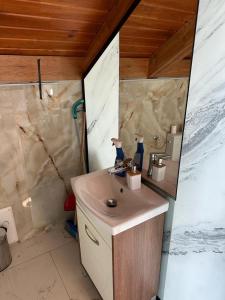 y baño con lavabo y espejo. en Casa moderna in Sinteu - intersectia intre modern si linistea naturii, en Huta Voivozi