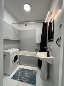 グディニャにある19 Gdynia Centrum - Apartament Mieszkanie dla 8 osのバスルーム(洗濯機、シンク付)