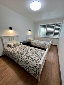 1 dormitorio con 2 camas y ventana en Swan City Family Apartment, en Gulbene