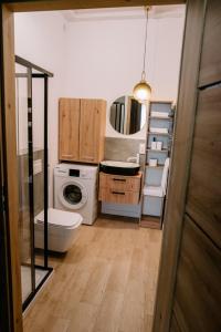 a bathroom with a toilet and a washing machine at VS Apartments - apartament nr 33 in Łódź