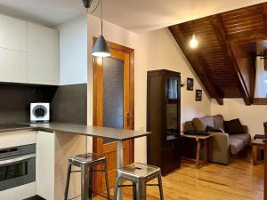 uma cozinha com um balcão e uma sala de estar em BPIRINEOS-Gorgütes em Benasque