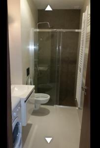 Un baño con ducha, inodoro y lavabo. en Casa Sara, en Bucarest