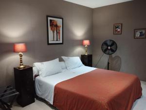 a bedroom with a bed with two lamps and a fan at Les Ecureuils in Bougligny