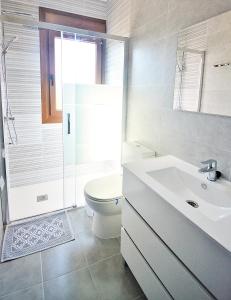 a bathroom with a toilet and a sink and a shower at Casa Los Manolos en Vilanova de Arousa in Villanueva de Arosa