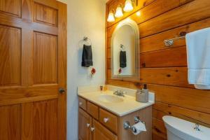 a bathroom with a sink and a mirror at Gorgeous Mountain View Cabin on 12 Acres in Candler +34 photos