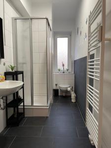 W łazience znajduje się prysznic, toaleta i umywalka. w obiekcie Ruhrpott Apartment Zentral Comfort w mieście Herne
