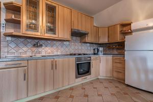 uma cozinha com armários de madeira e um frigorífico branco em Vineyard Cottage Ucman - Happy Rentals em Otocec