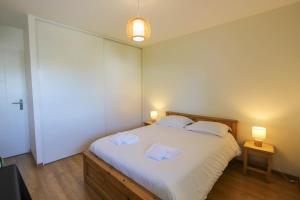 - une chambre avec un lit et 2 serviettes dans l'établissement Le Discret T2 aux portes de la vieille ville, à Annecy