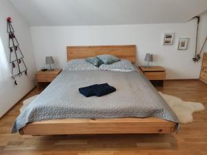 um quarto com uma cama com duas almofadas em Moji Sousedi - Apartmán Červená em Destné v Orlických horách