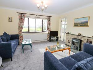 赫克瑟姆的住宿－Pinegarth，客厅设有蓝色的沙发和壁炉