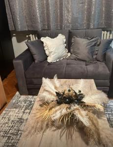 a living room with a grey couch with a table with a feather pillow at Beo shooping centar in Belgrade