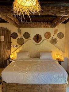 a bedroom with a large white bed and a chandelier at IL CAMPO Ecolodge & Boutique Hotel in Cairo