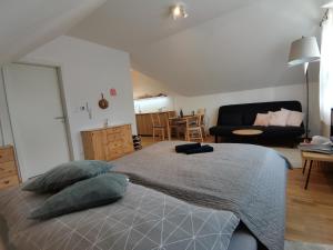um quarto com uma cama grande e uma sala de estar em Moji Sousedi - Apartmán Červená em Destné v Orlických horách