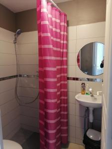 een badkamer met een roze douchegordijn en een wastafel bij Studio meublée avec sanitaires douche kitchenette in Angers