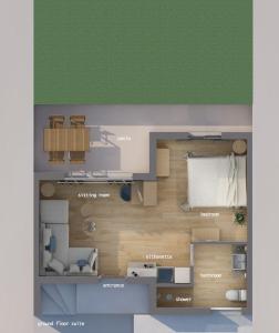 een plattegrond van een klein appartement met een slaapkamer bij Stavento in Diakopto